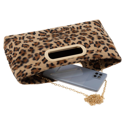 Leopard Print Faux Fur Top Handle Clutch