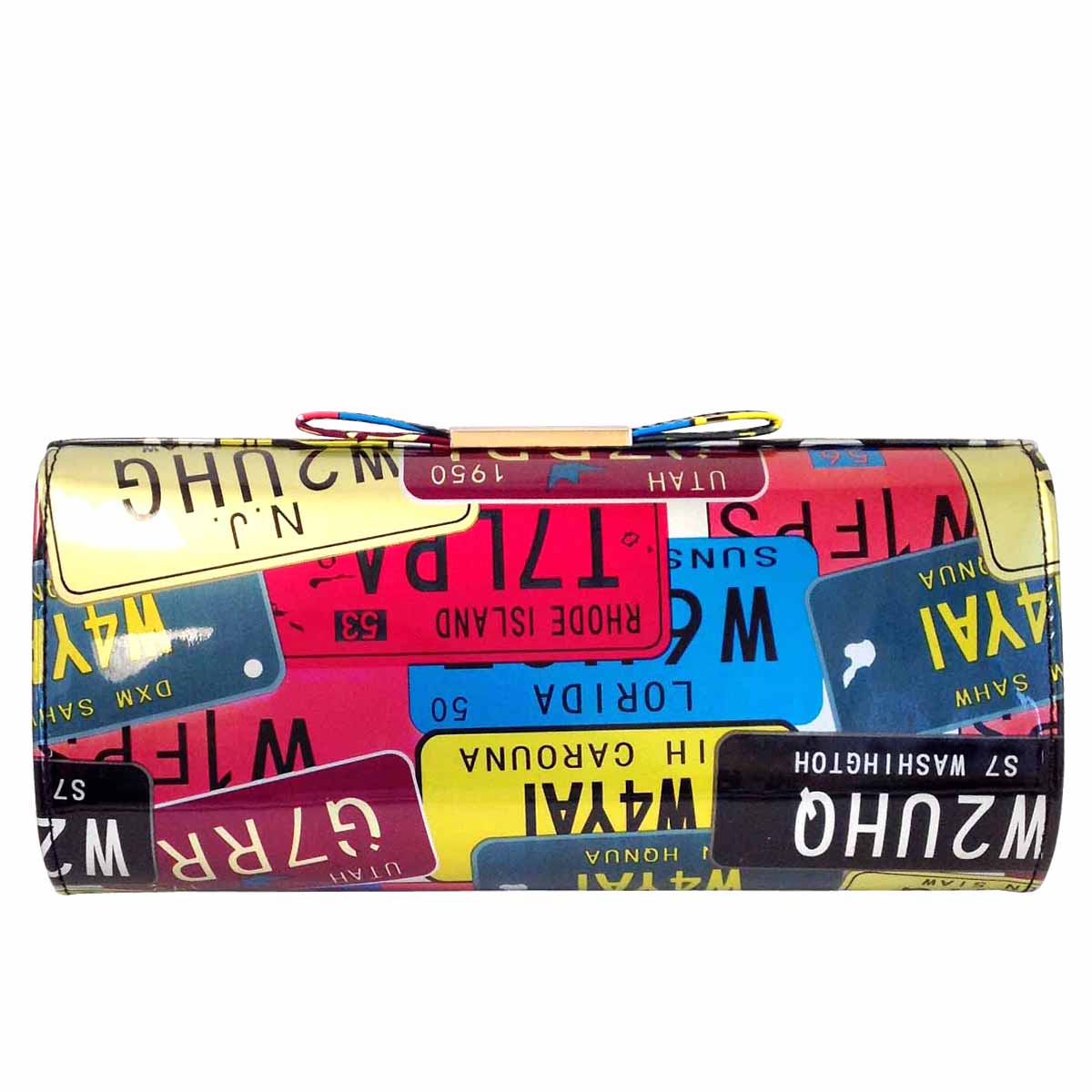 License Plate Faux Patent Leather Clutch with Bow